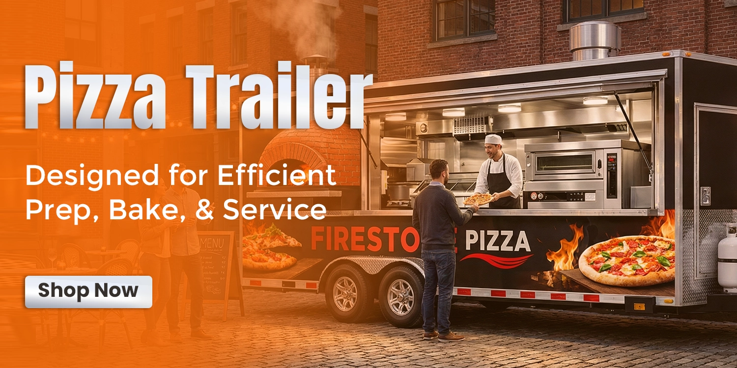 Pizza trailer with open serving window, showcasing a variety of prepared pizzas and beverages.